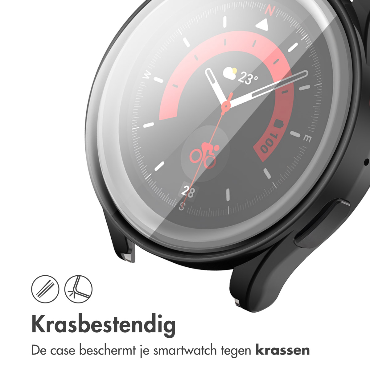 Zwarte smartwatch met heldere hoes. Scherm toont tijd en weer. Tekst: 'Krasbestendig'.