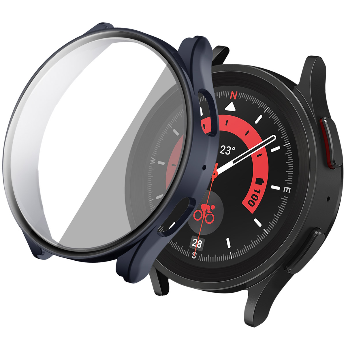 Zwarte smartwatch met blauwe behuizing en heldere cover. Toont tijd- en weersinformatie.