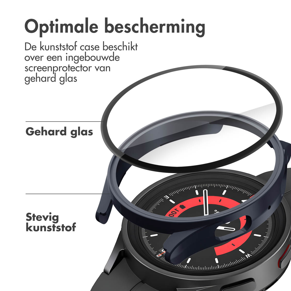 Smartwatch met een beschermhoes, met een screenprotector van gehard glas.