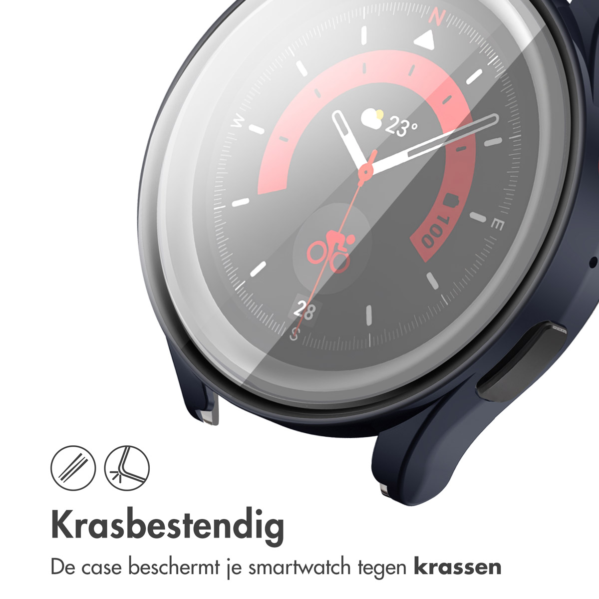 Een donkerblauwe smartwatch met een schermbeschermer. Toont de wijzerplaat.