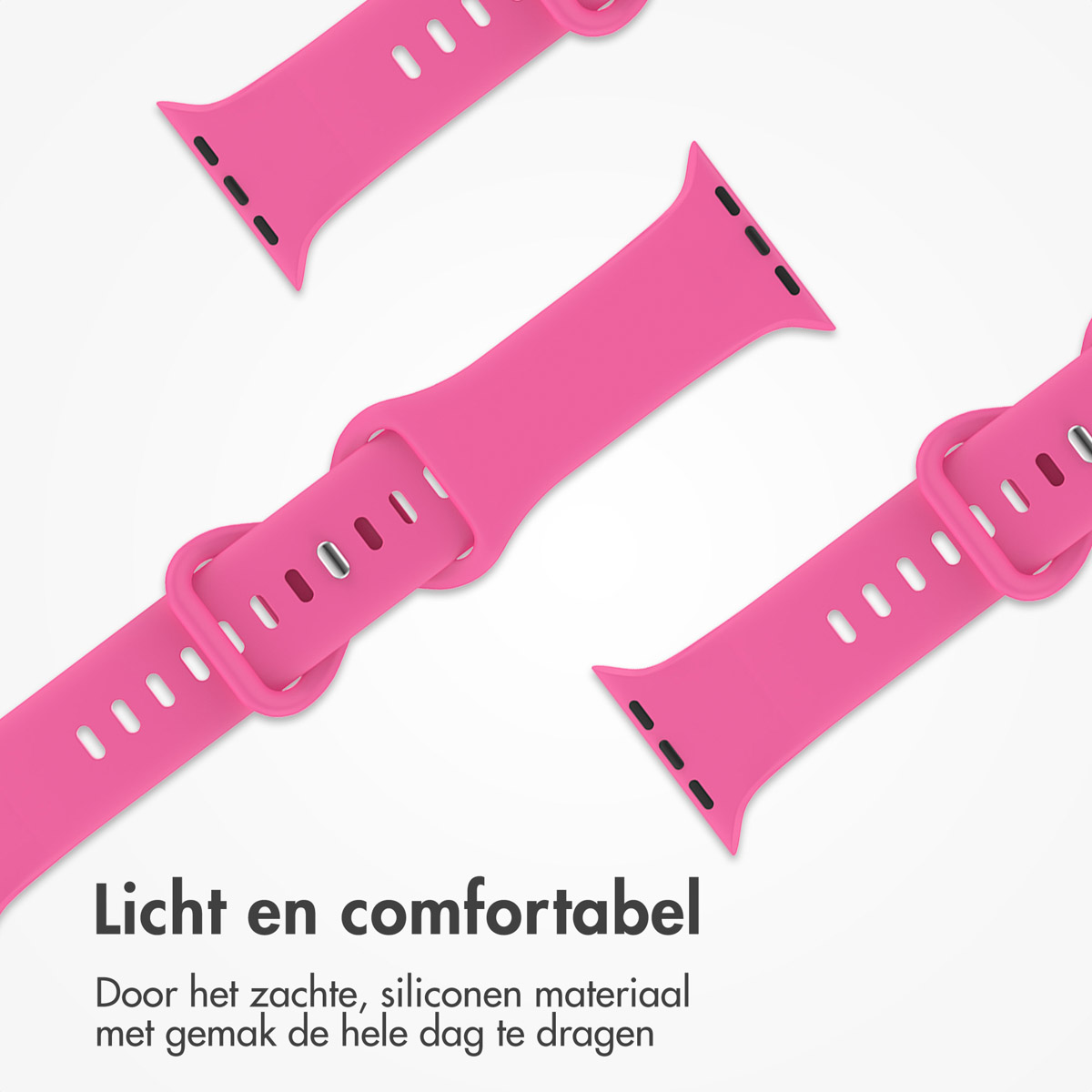 Pink smartwatch straps. Text in Dutch: Light and comfortable. Made of soft silicone material for all-day wear.
