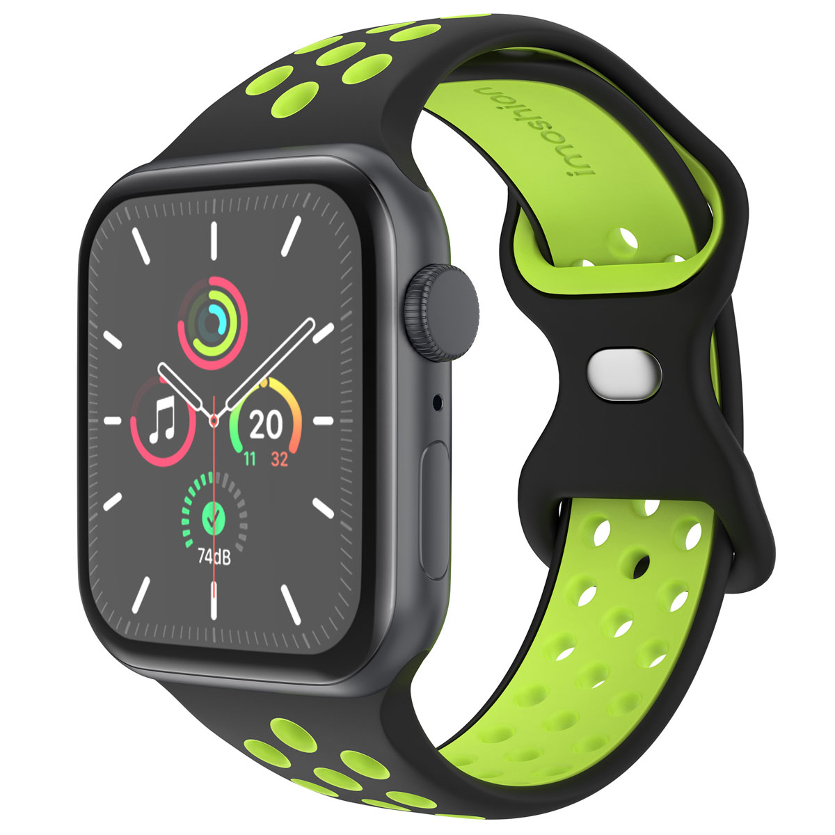 Black smartwatch with green perforated strap. The watch face displays time and app icons.