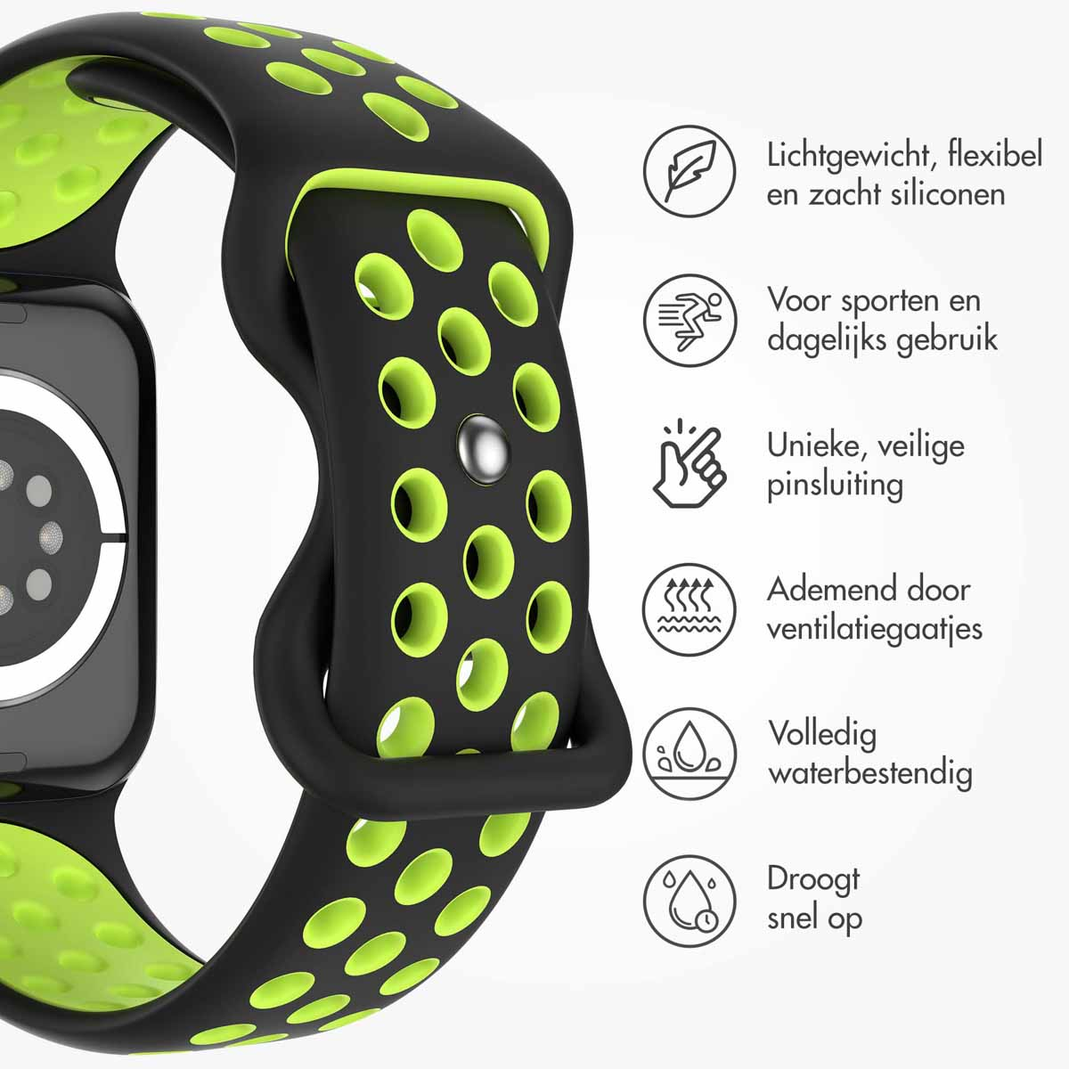 A green and black watch band. It has a perforated design and a buckle.