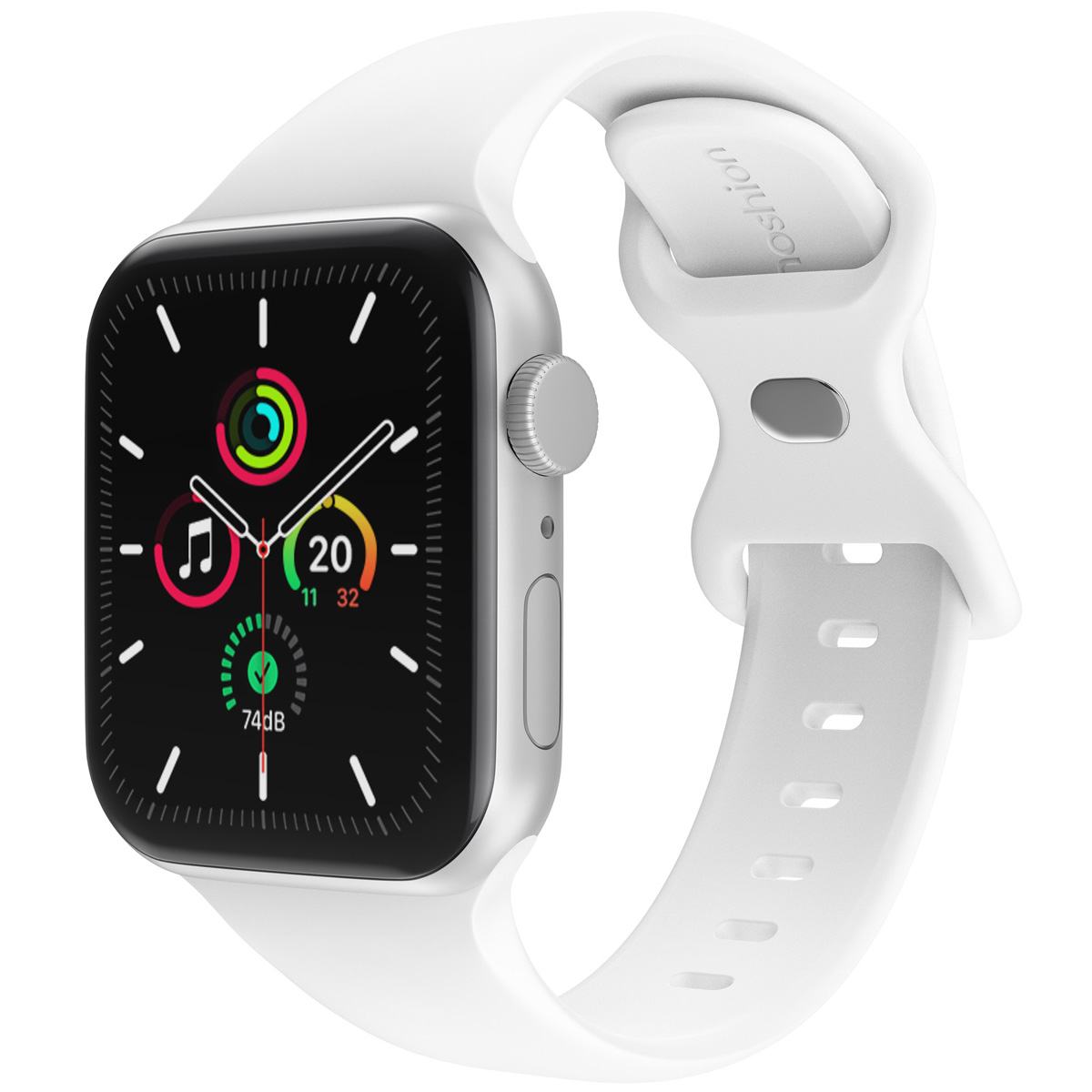 White Apple Watch with a white strap. The watch displays time and apps.