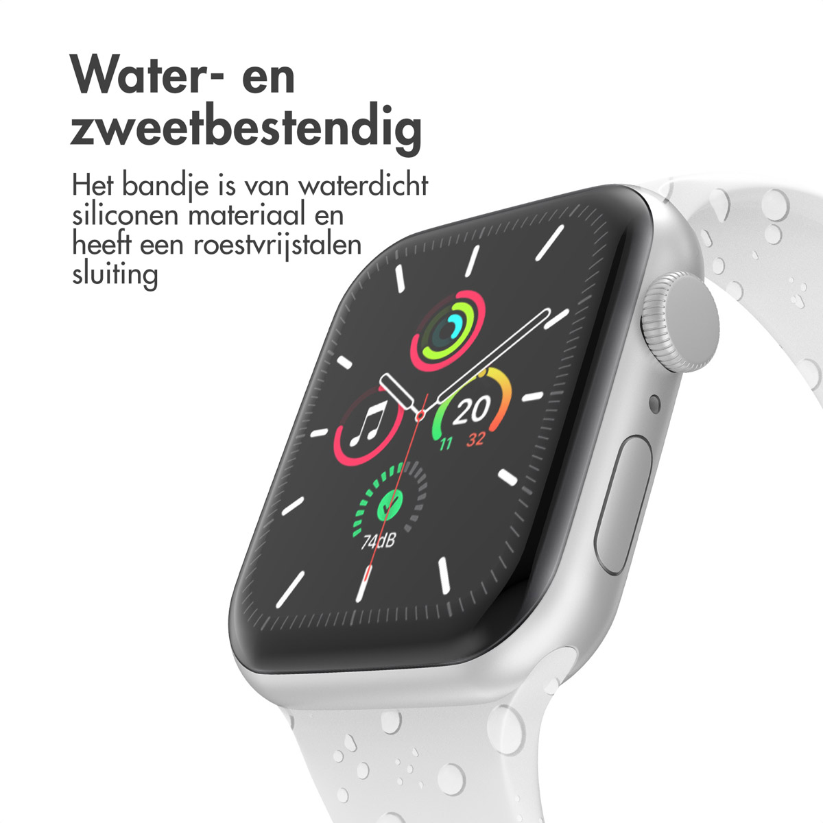 A silver Apple Watch with white band, displaying apps. Text: Water- and sweat-resistant.
