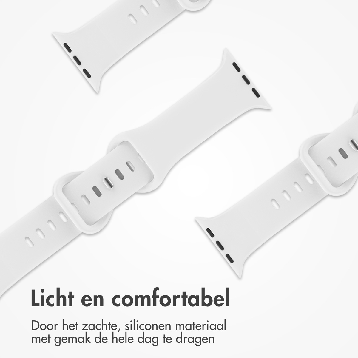 Three white watch bands. Text: Light and comfortable. Made of soft silicone material, wear all day.