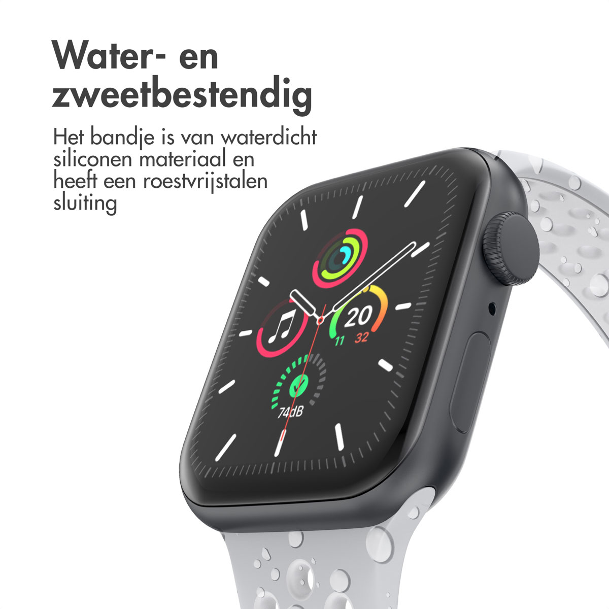 A smartwatch with a black screen displaying information. The strap is white. Text in Dutch says water and sweat resistant.