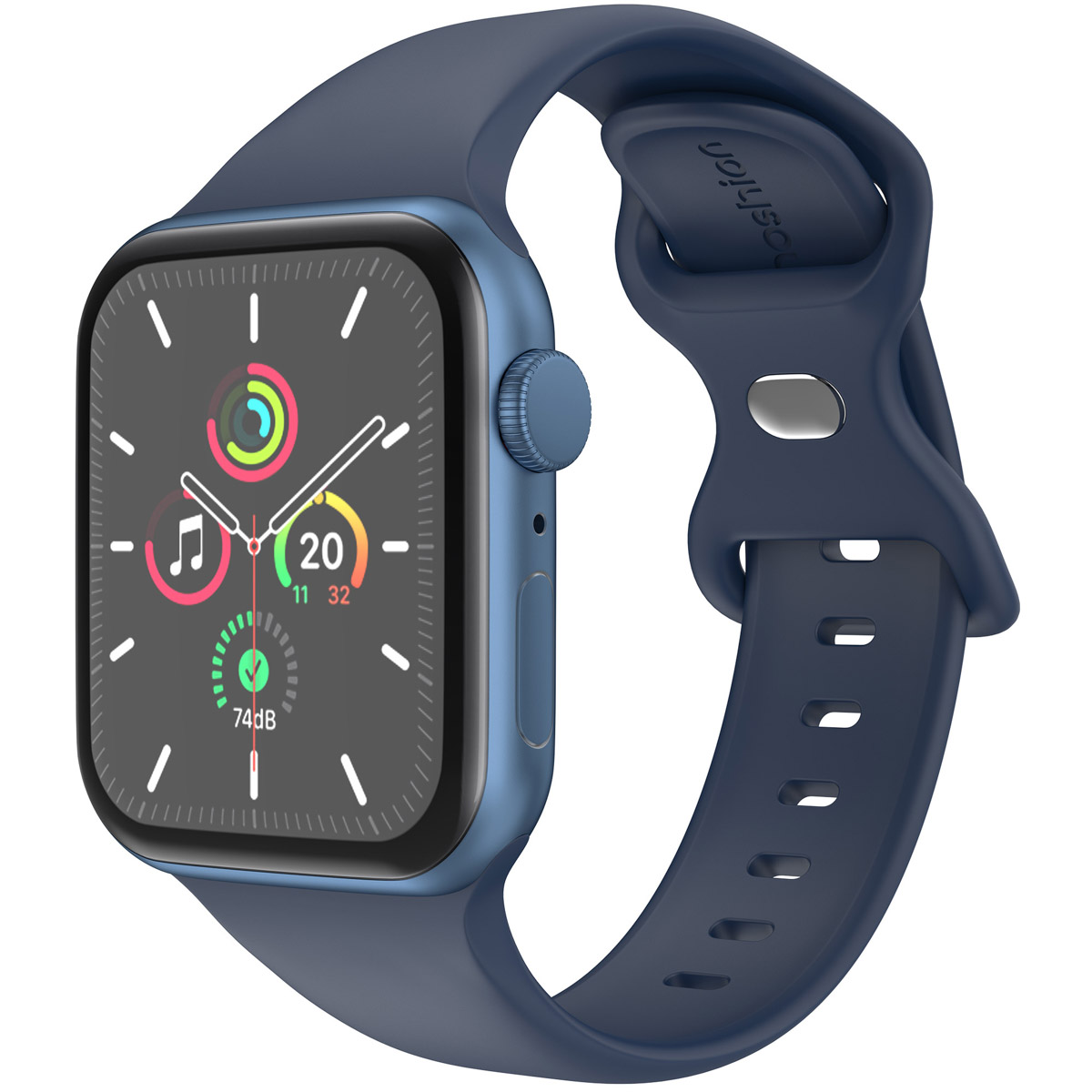 A blue watch with a blue band, displaying the time.