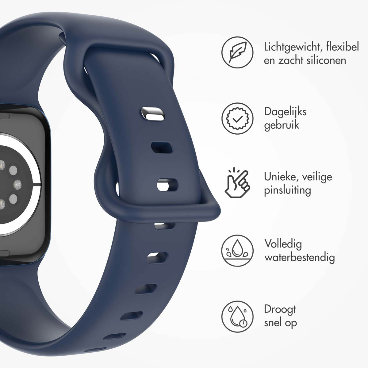 Smartwatch with blue band. Band has icons and text in Dutch. Shows lightweight, waterproof features.