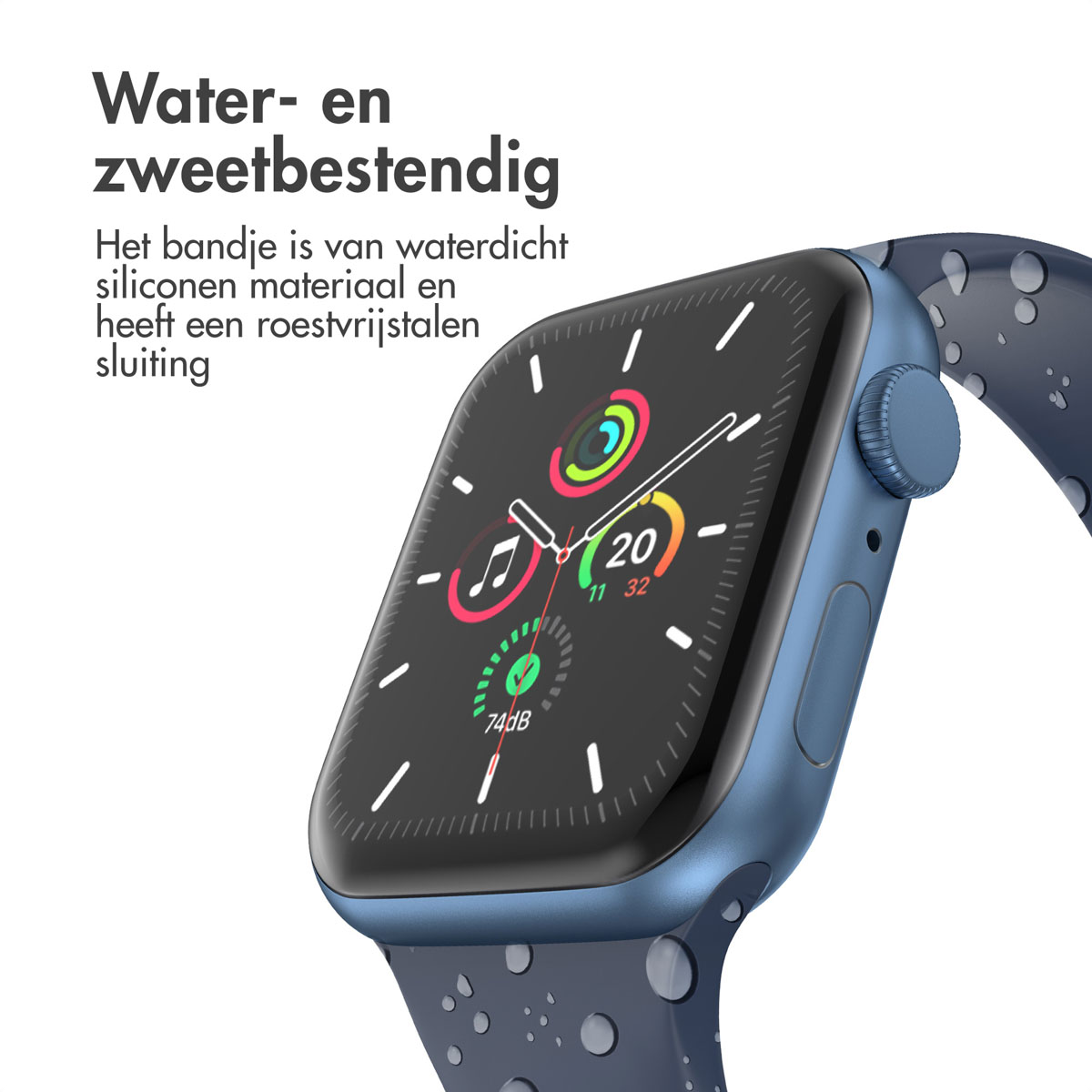 Blue Apple Watch with a dark blue band, apps displayed. Text: Water- and sweat-resistant.