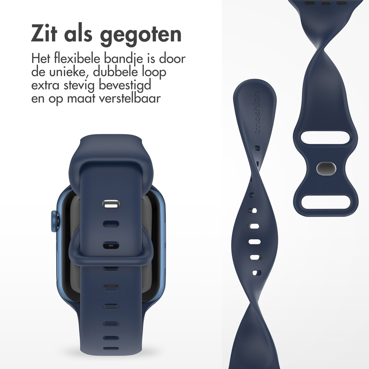 Dark blue watch band attached to a blue watch, with two detached bands. Text: Fits perfectly.