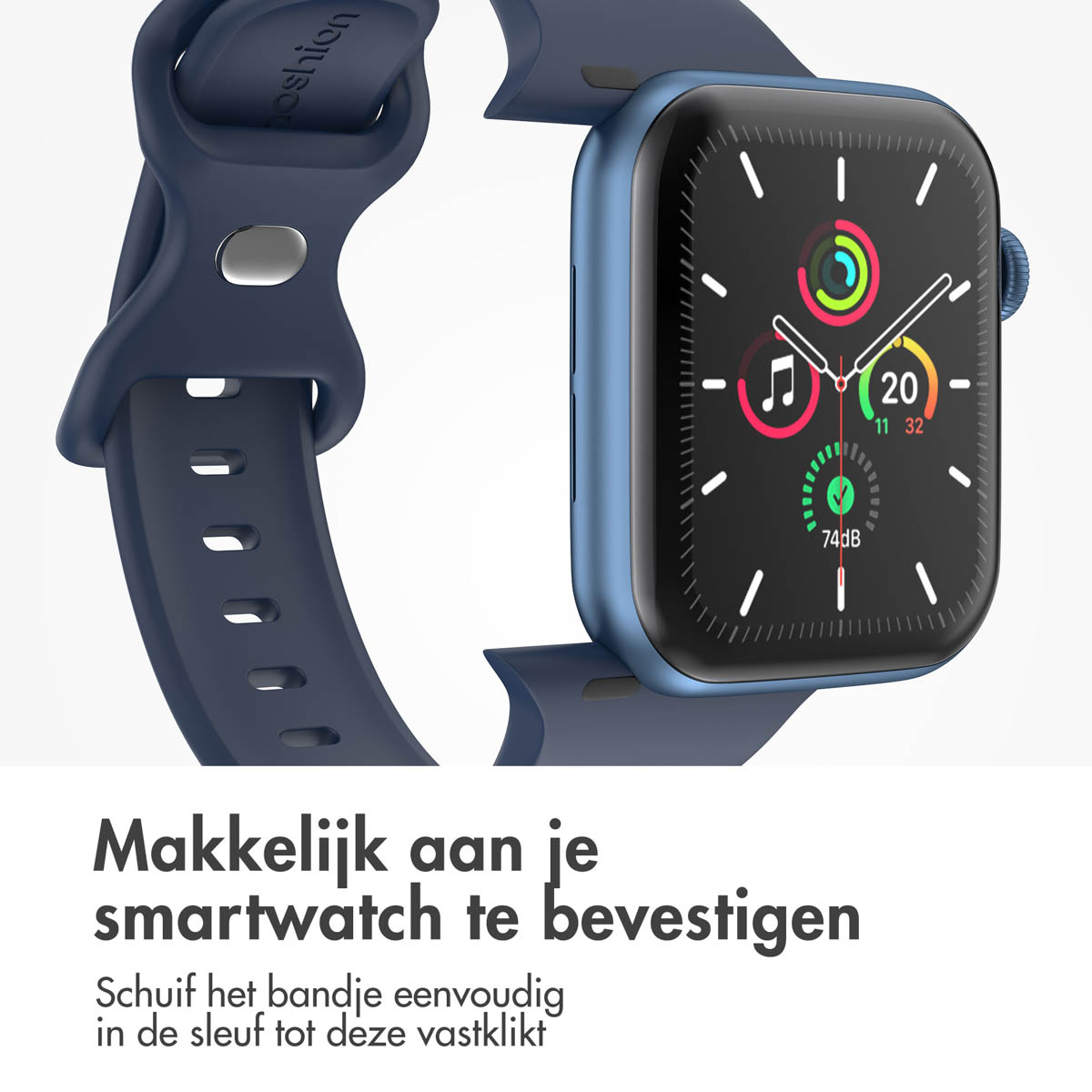 Blue Apple Watch with a dark blue band. Text: Easy to attach your smartwatch. Band slides into the slot.