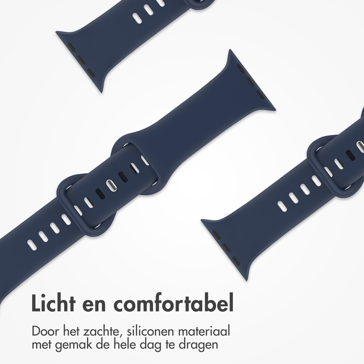 Three dark blue watch bands. Text: Light and comfortable. Made of soft silicone material, wear all day.