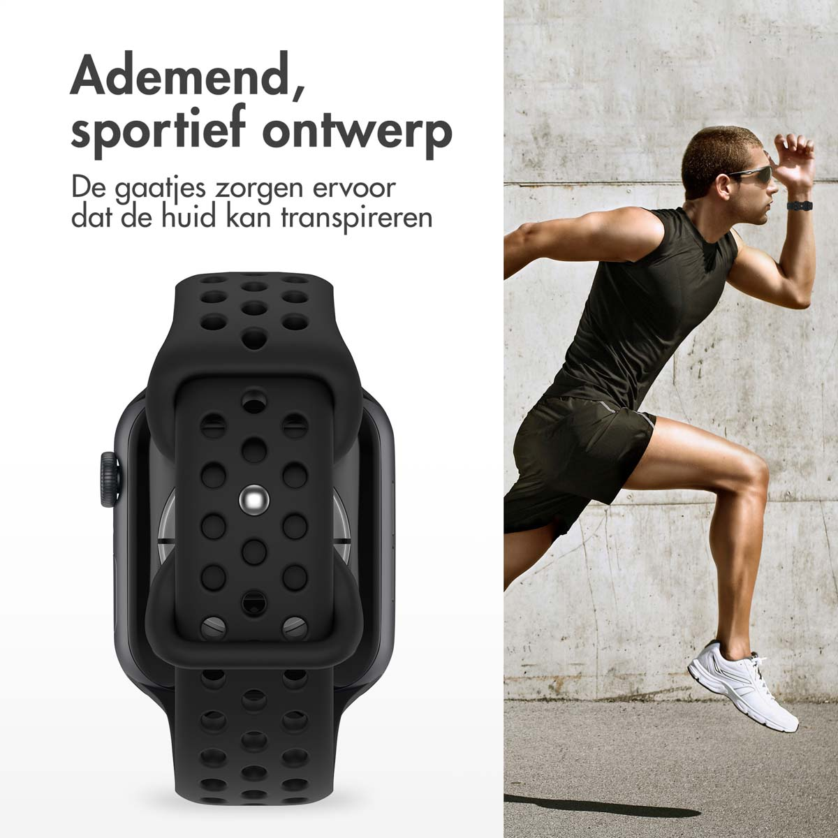 A black smartwatch with a perforated strap is shown, alongside a man running, wearing sunglasses, black shorts, and a shirt.