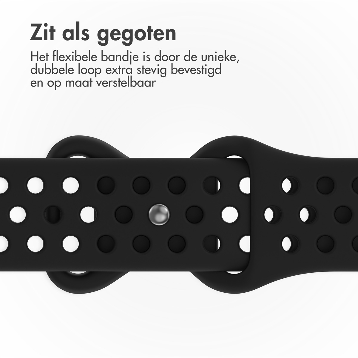 Black watch band with holes and a silver clasp. The band is flexible and has a double loop design for secure attachment.
