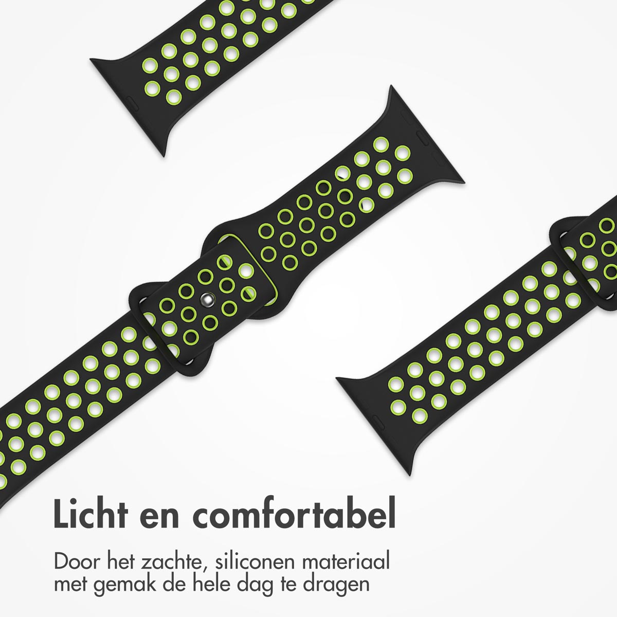 Black watch straps with green accents and perforations, arranged on a white background. Text at the bottom says 'Light and comfortable'.