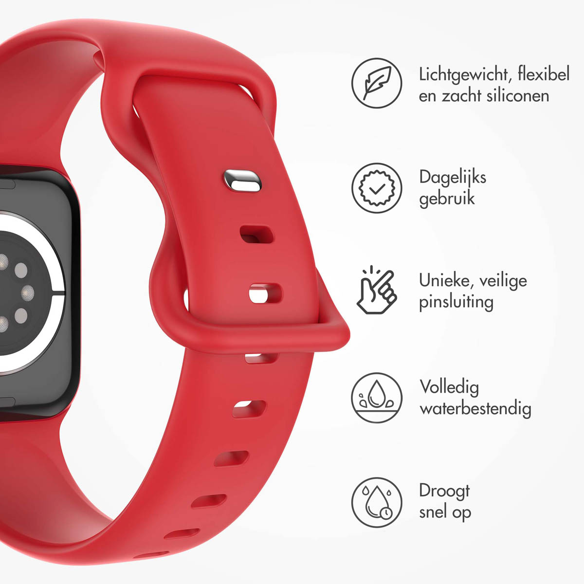 A red watch band. It is made of silicone and has a buckle.