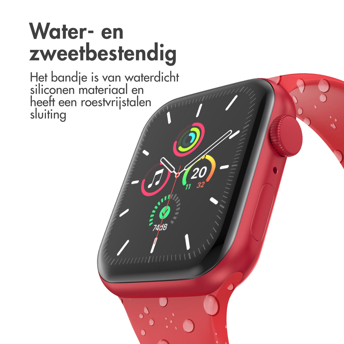 A red smartwatch displays time and health metrics. The strap has water droplets. Text at the top says 'water- and sweat-resistant'.