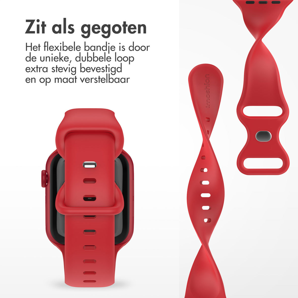 Red watch band with watch. Text: Fits like a glove. Flexible band with double loop. Adjustable.
