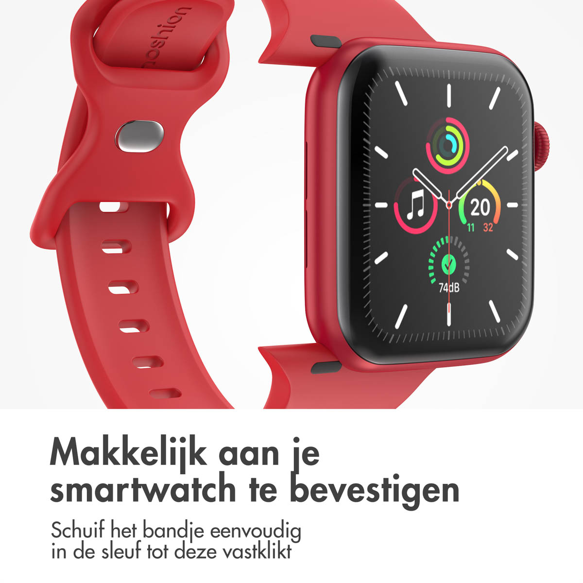 A red smartwatch with a red strap is shown. The screen displays information. Text below reads 'Easy to attach to your smartwatch'.