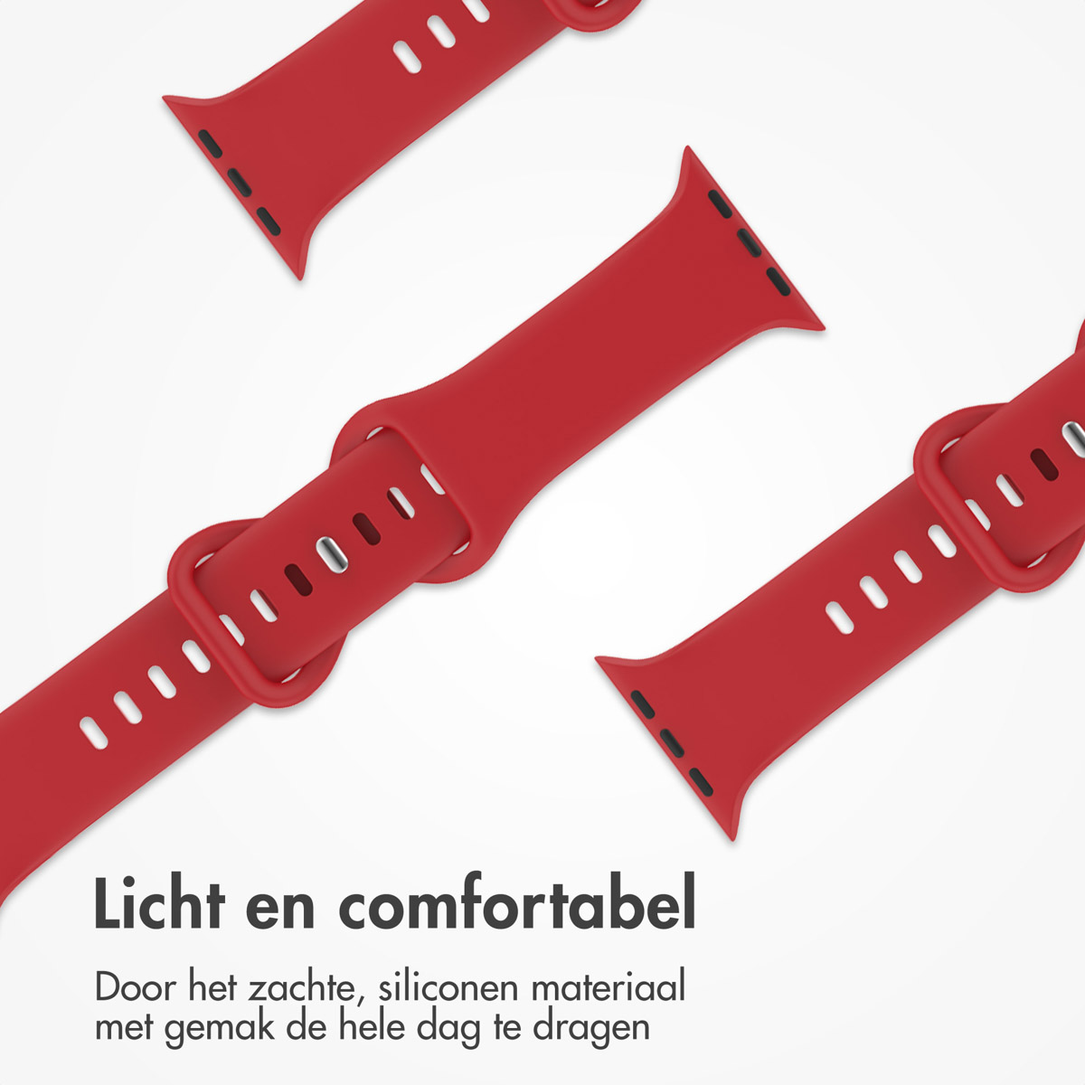 Red silicone watch straps arranged diagonally on a white background. Text at the bottom says 'Light and comfortable'.