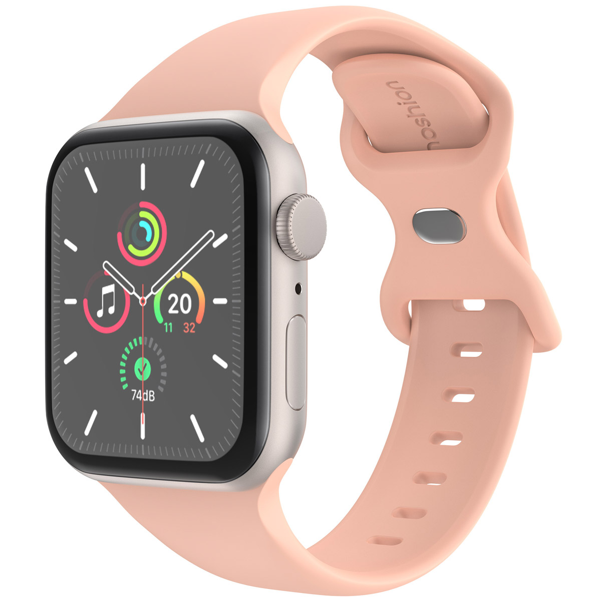 Pink watch band on silver Apple Watch. Watch face visible. Text: 'noshion'.
