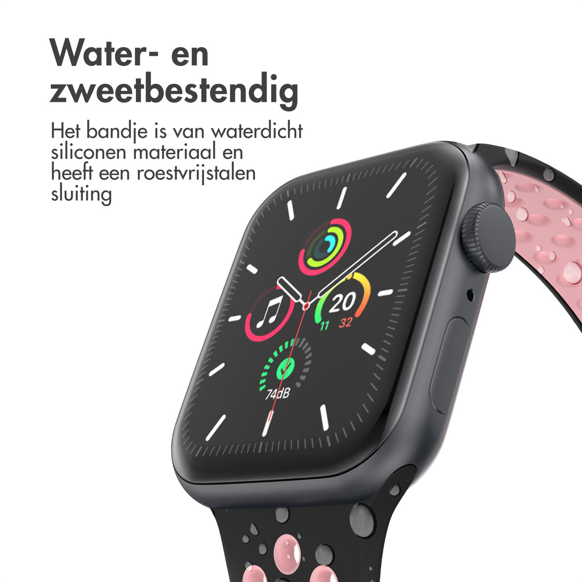 A smartwatch with a black case and a patterned strap. The watch face displays time and health metrics. Text above states water and sweat resistant.