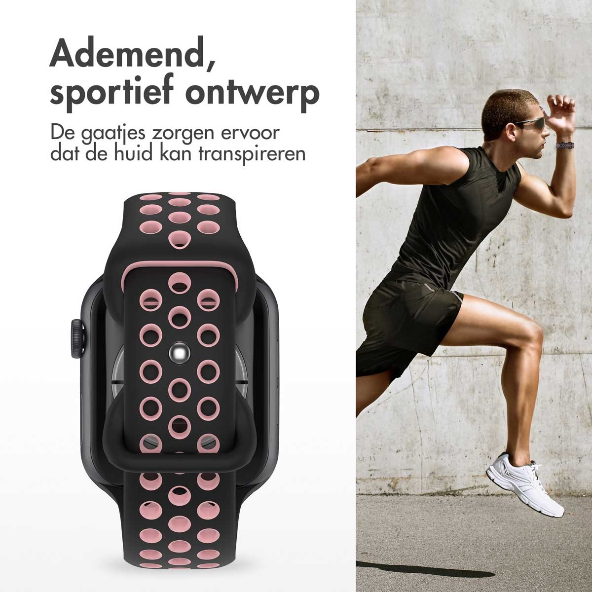 A black and pink watch band is displayed next to a man running. The man wears a black outfit and sunglasses. The background is gray.