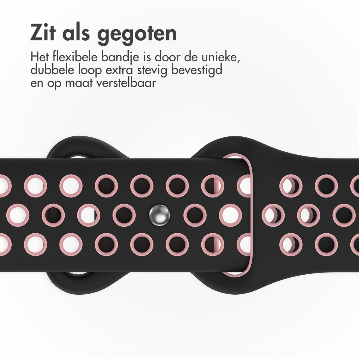 Black watch band with pink accents and holes. Silver metal clasp. Text in Dutch at the top.