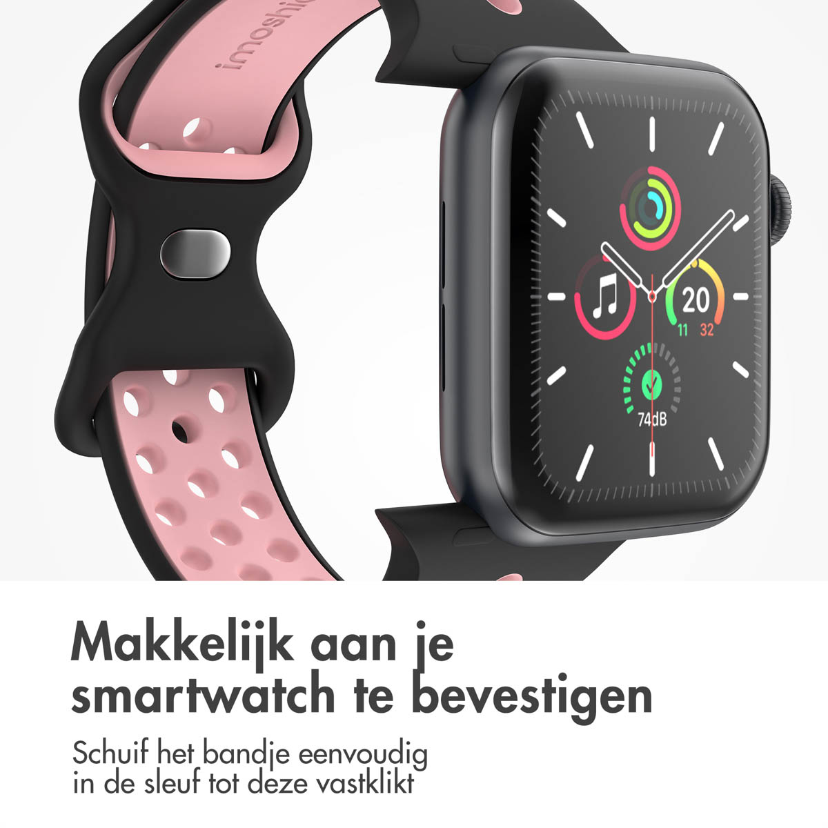 A black smartwatch with a pink and black band. The watch face displays time and activity data. Text in Dutch below.