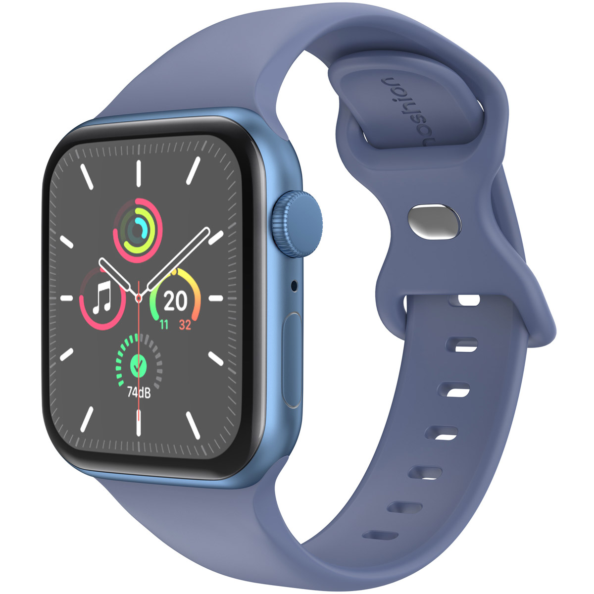Blue smartwatch with blue strap. Watch face displays time and app icons.