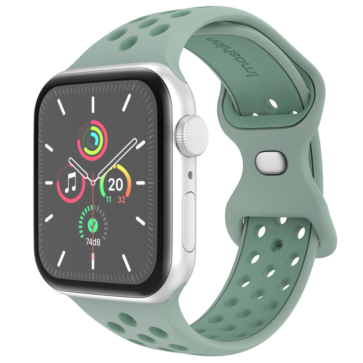 Green Apple Watch with a green band. Band has holes. Text: 'noshion'.