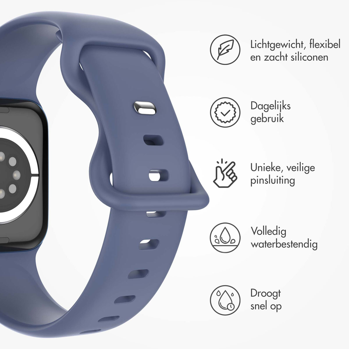 Close-up of a blue silicone watch strap with icons describing features.