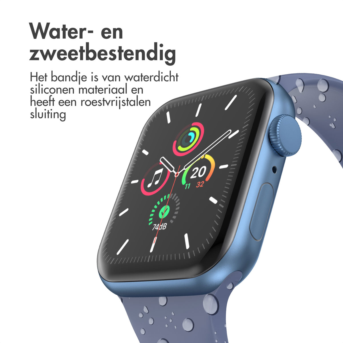 A blue smartwatch with a blue strap. The watch face displays the time, activity indicators, and is water-resistant.