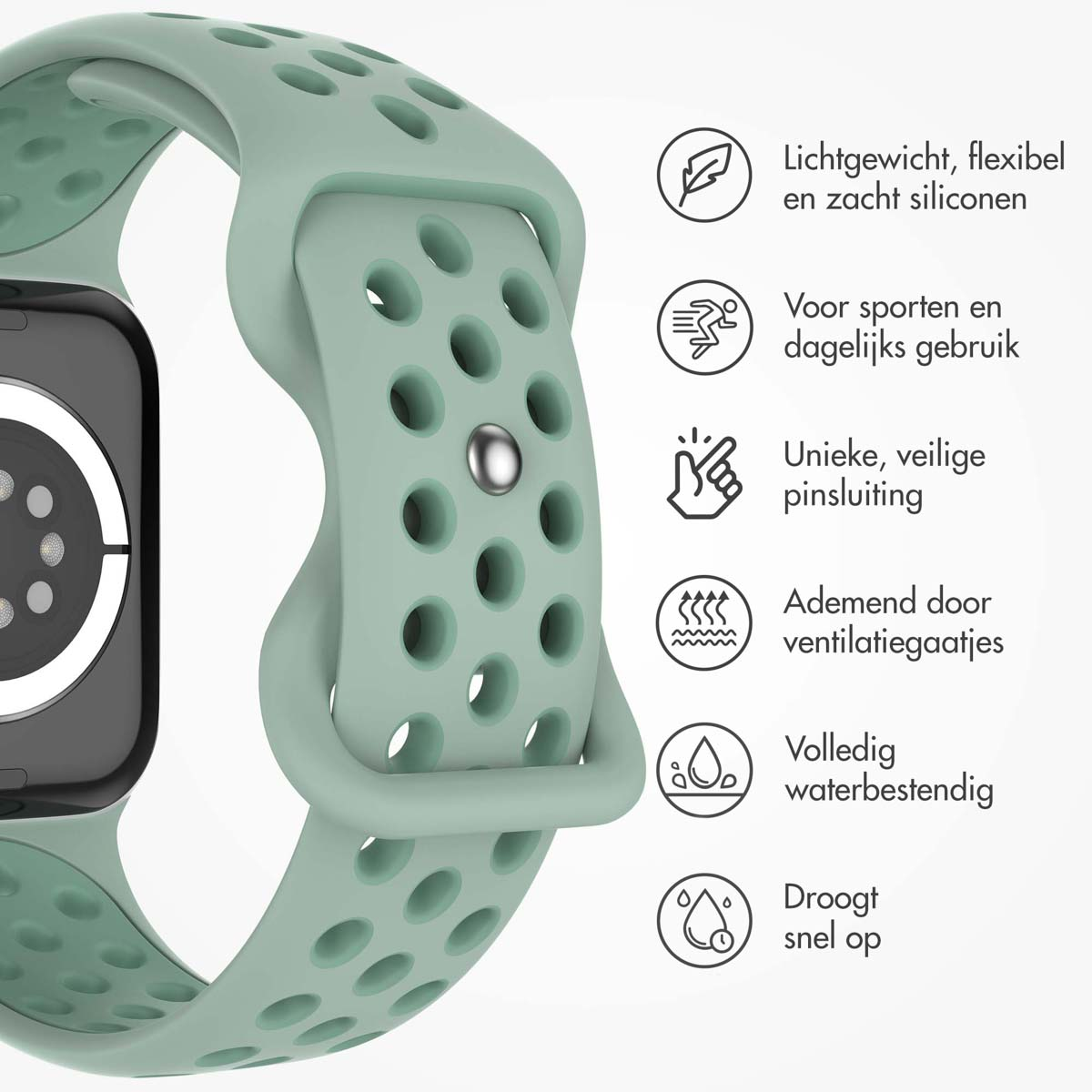 Smartwatch with a light green band. The band has ventilation holes and a silver buckle.