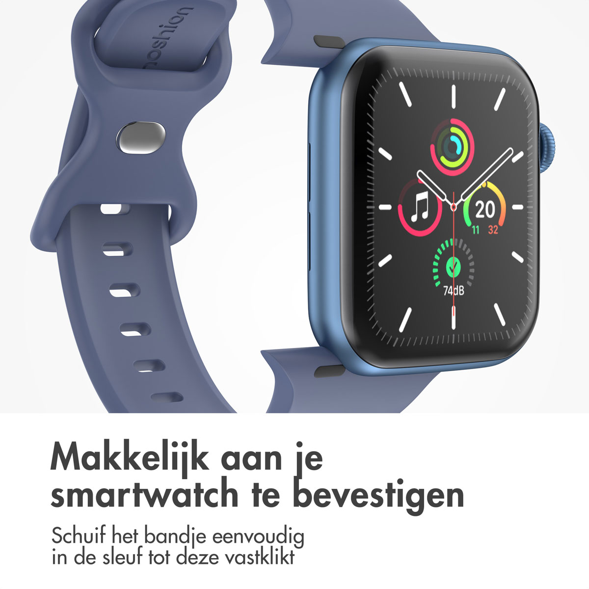 A blue smartwatch with a matching strap. The watch face displays various icons and data against a black background.