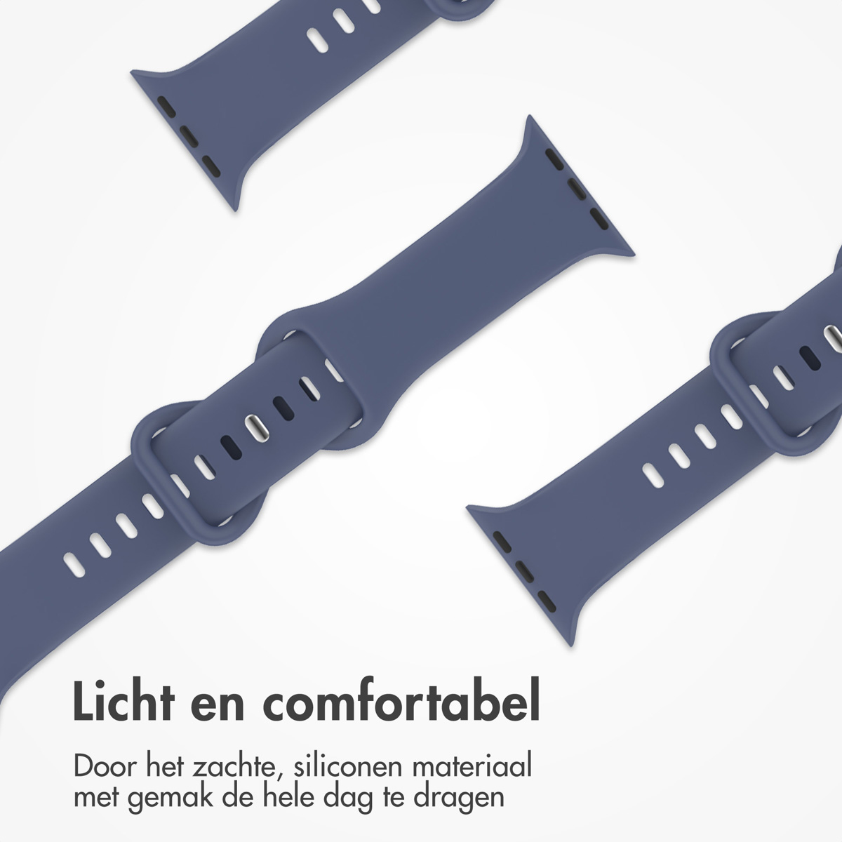 Close-up of blue watch bands arranged on a white background. Text at the bottom reads 'Light and comfortable' in Dutch.
