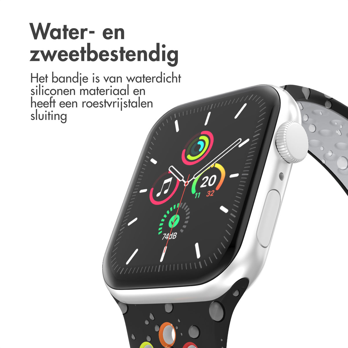 A smartwatch with a black screen displaying data. The watch has a silver case and a black strap with colorful dots. Text in Dutch is visible.