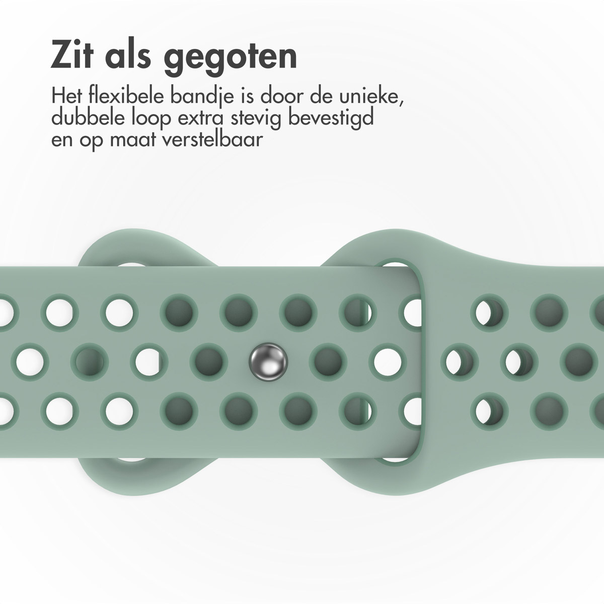 Close-up of a light green watch band with holes and a metallic clasp. Text at the top reads 'Fits like a glove'.