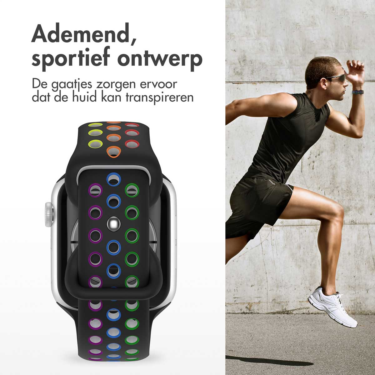 Image shows a watch with a black strap and colorful holes. A man runs in the background. Text says: sportief ontwerp