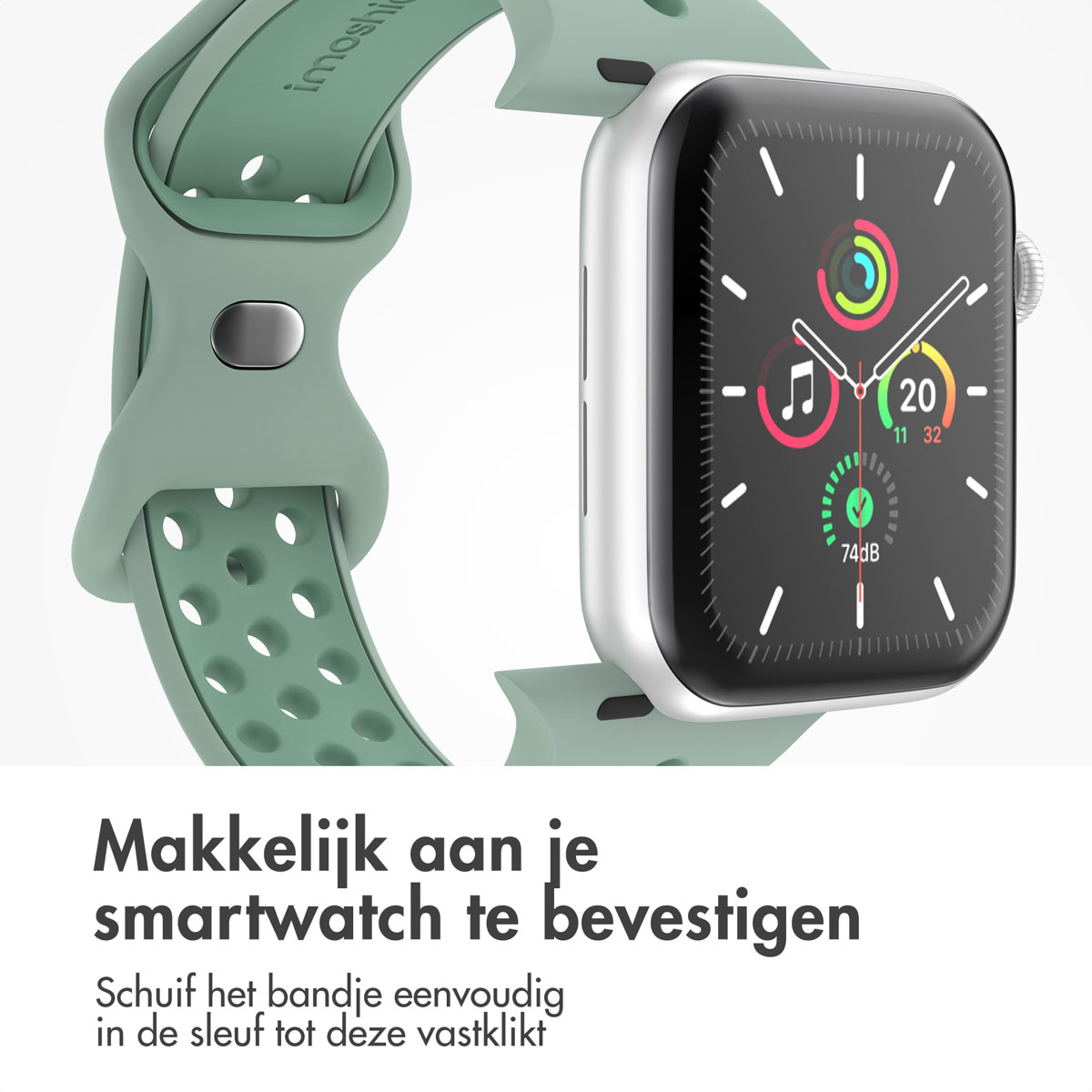 Silver smartwatch with a green band and full screen display. Close-up view.