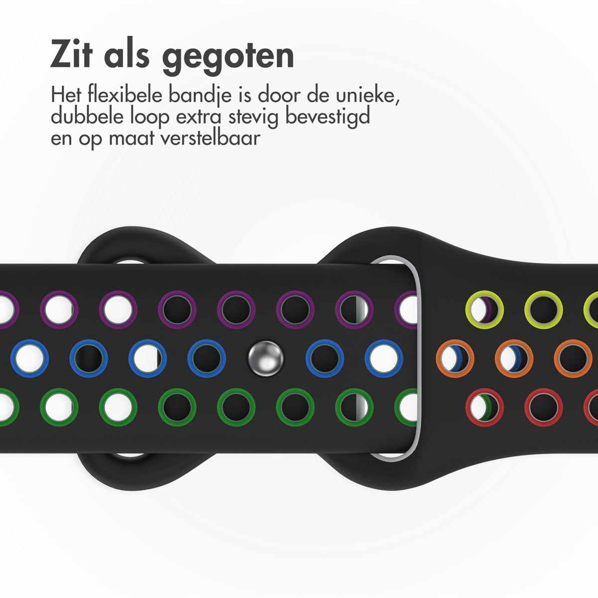 Close-up of a black watch strap with colored holes. Text says 'Fits like a glove'. The strap is on a white background.