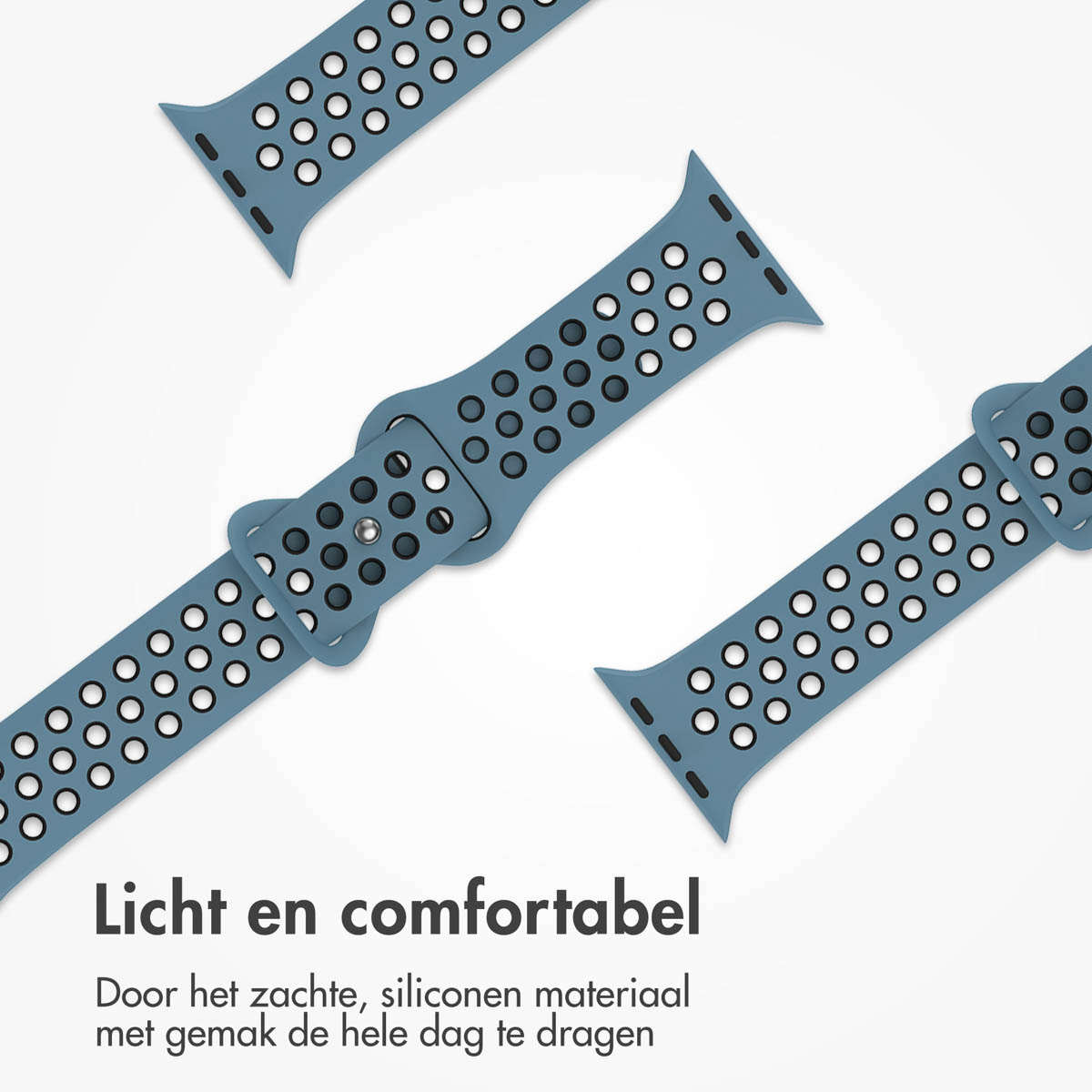 Blue silicone watch bands with white and black holes. The bands are arranged on a white background. Text in Dutch is at the bottom.