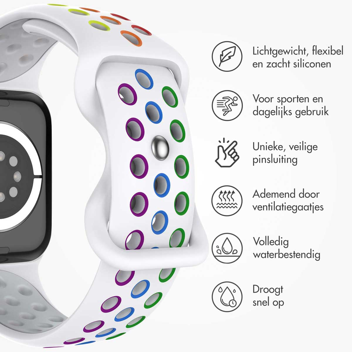 White Apple Watch band with colorful holes. Icons show breathability, sport, safety, and water resistance.