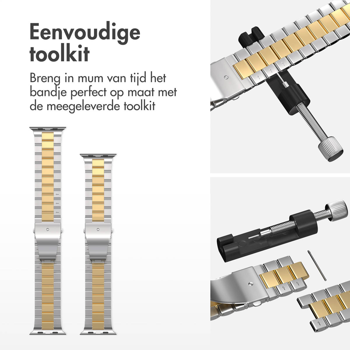 Image shows watch straps, a tool, and text in Dutch. The straps are silver and gold. The tool is black. Instructions are provided.