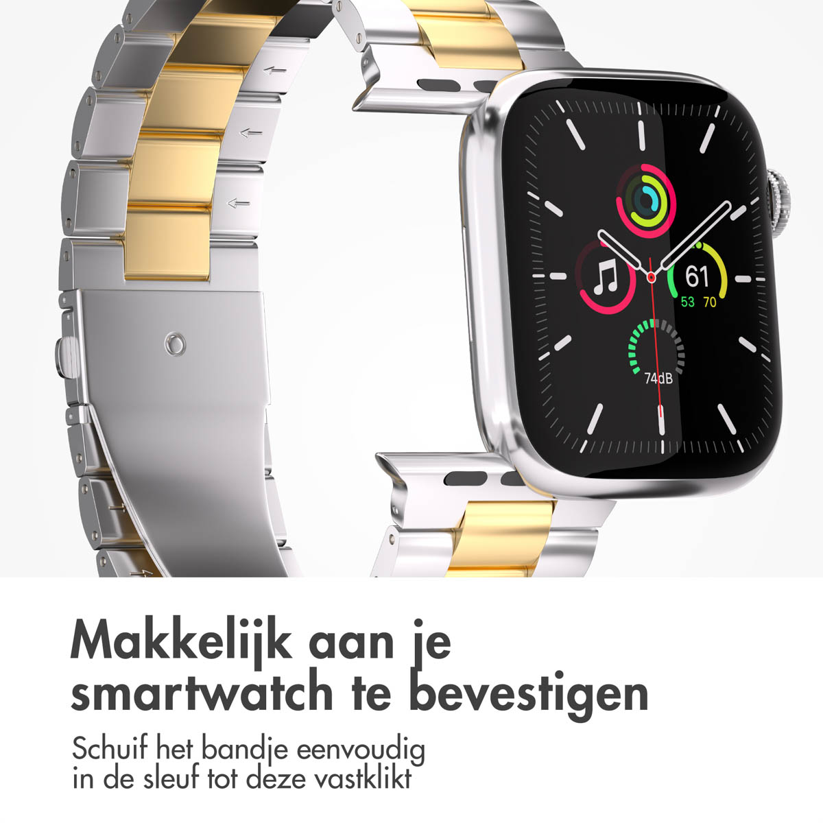 A silver and gold smartwatch with a black screen displaying data. It has a metallic band. The text below reads: Easy to attach.
