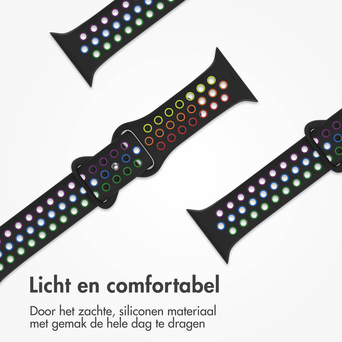 Black watch bands with rainbow-colored holes and buckle. Text reads 'Light and comfortable' in Dutch.