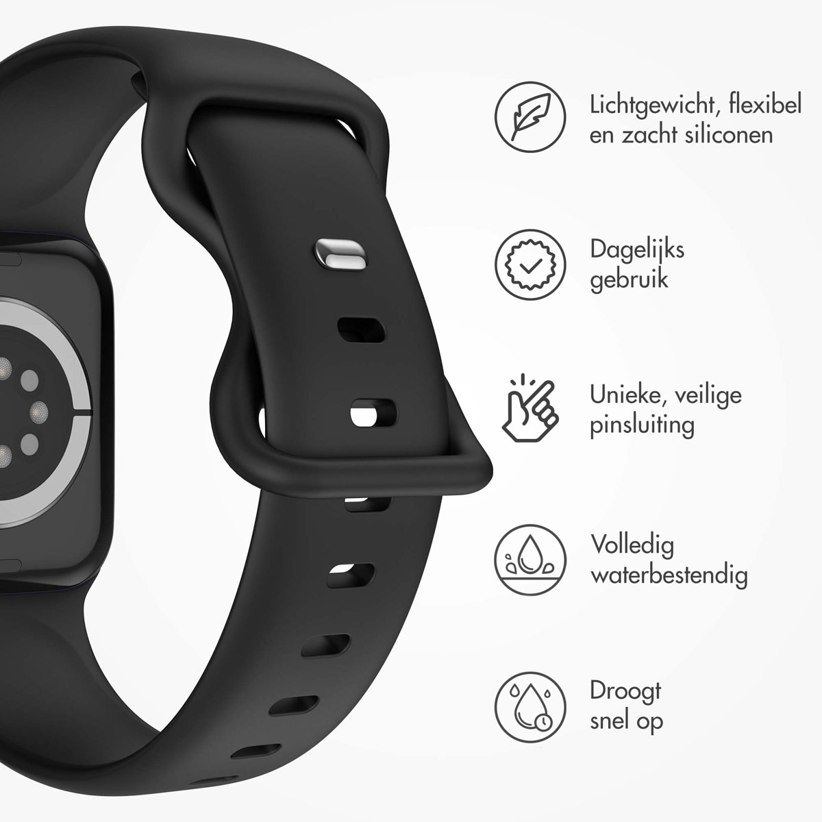 Black watch band. Icons show lightweight, daily use, unique clasp, waterproof, and quick drying.