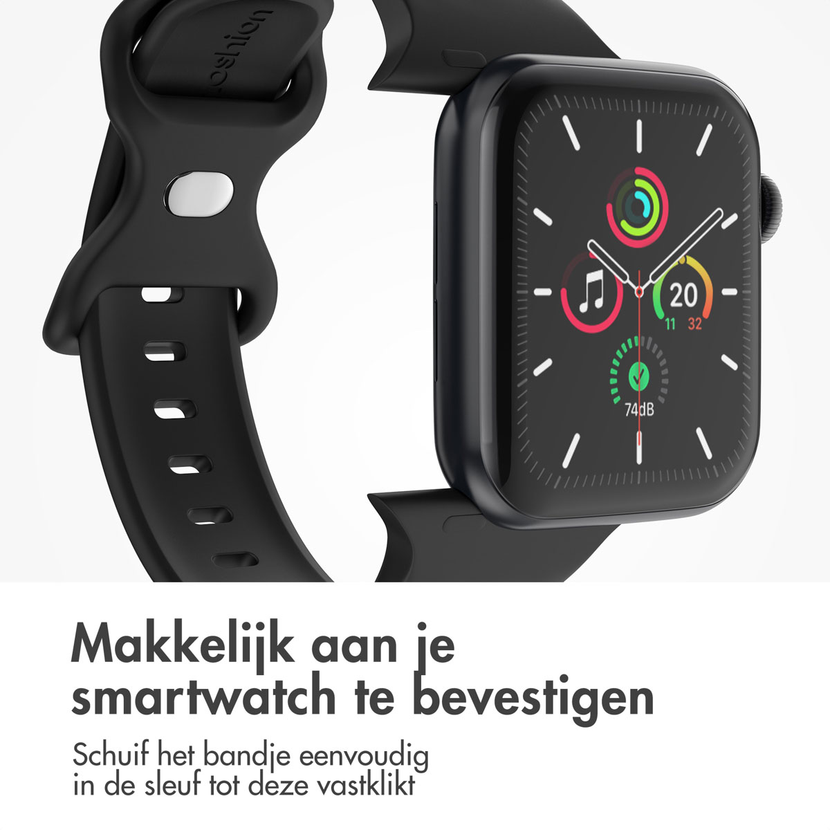 Black Apple Watch with black band. Text: Easy to attach your smartwatch. Band slides in.