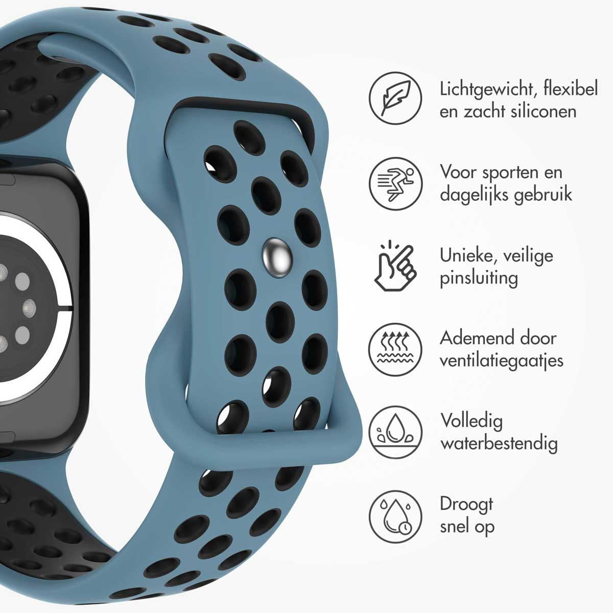 Close-up of blue watch strap with black inside. Icons indicating features: light, sport, safe.